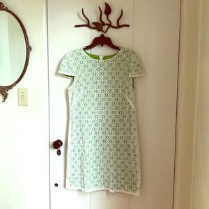 Green cap sleeve dress with cream lace overlay